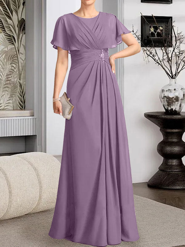 Vestido de gasa para madre de la novia con corte en A, escote redondo y largo hasta el suelo, con cuentas plisadas