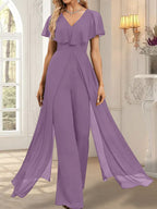 Vestido de noche de gasa con escote en V y largo hasta el suelo, tipo mono/pantalón