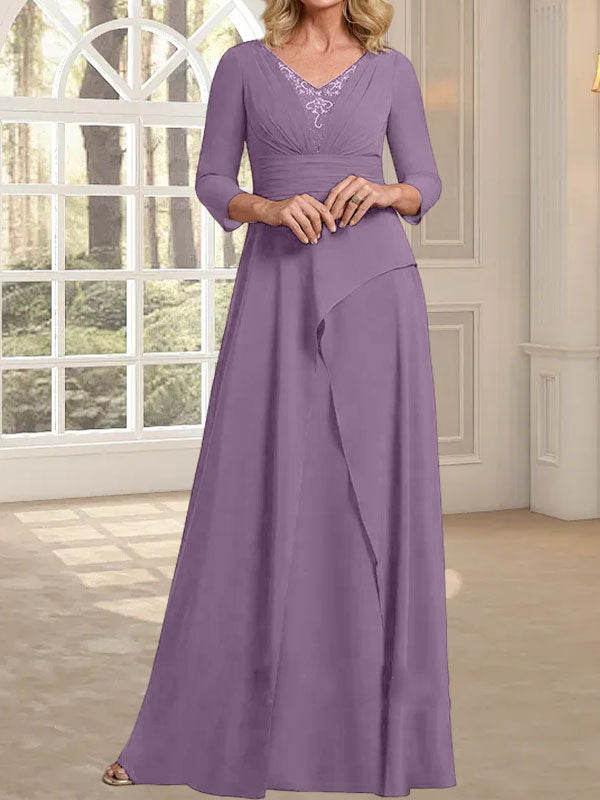 Vestido de gasa para madre de la novia con escote en V, largo hasta el suelo, con pliegues y cuentas