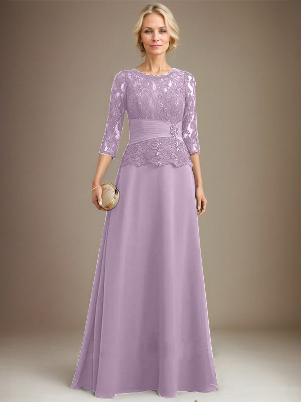 Vestido de gasa con encaje, corte A, ilusión, largo hasta el suelo, para madre de la novia, con lentejuelas plisadas y abalorios