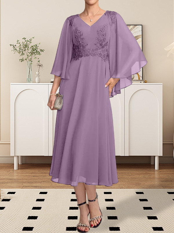 A-Linie V-Ausschnitt Wadenlanges Chiffon-Spitzenkleid für die Brautmutter mit Perlen und Pailletten