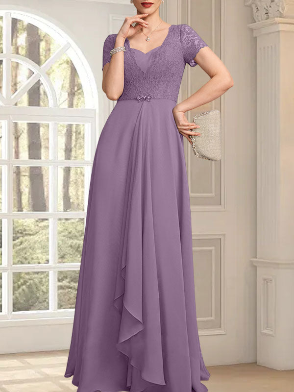 Vestido de madre de la novia de gasa con encaje, corte en A, escote corazón, largo hasta el suelo, con volantes en cascada y cuentas