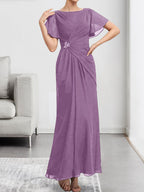 Vestido de gasa para madre de la novia con corte en A, escote redondo y largo hasta los tobillos, plisado con cuentas