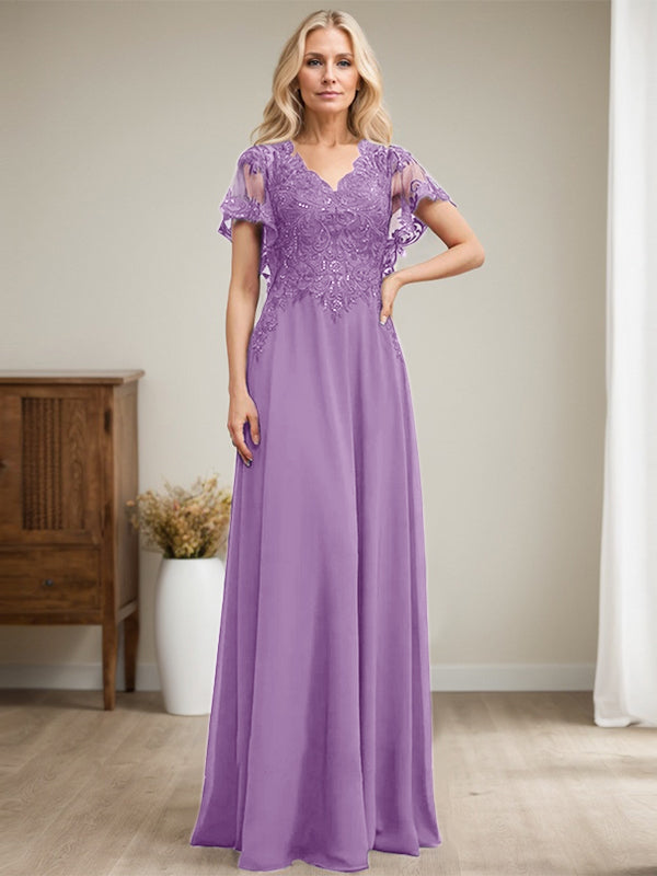 Vestido de madre de la novia de gasa con encaje, escote en V y lentejuelas, largo hasta el suelo