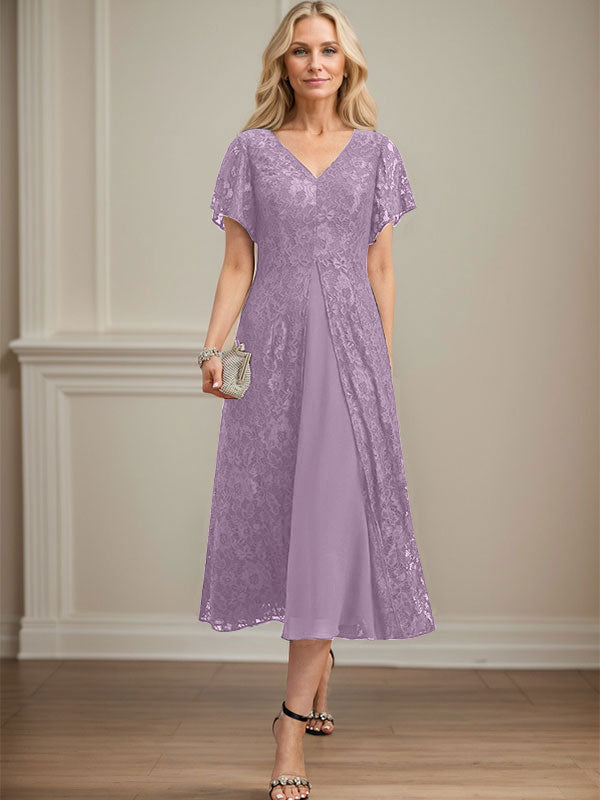 Vestido de gasa con encaje y escote en V para madre de la novia, largo hasta la rodilla