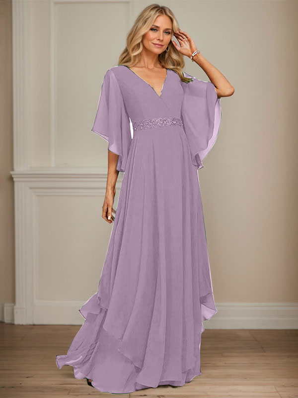 Vestido de gasa para madre de la novia, corte A, escote en V, largo hasta el suelo, con apliques de lentejuelas, encaje y abalorios