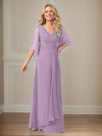 A-Linie V-Ausschnitt Lange Pailletten Chiffon Mutterkleid