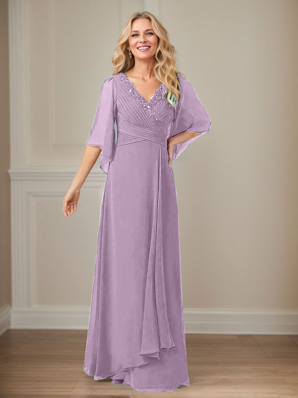 Vestido largo de gasa con lentejuelas y escote en V en forma de A para madre