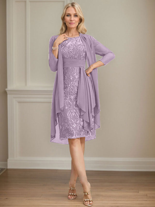 Vestido de madre de la novia de gasa con encaje, escote redondo, ilusión, largo hasta la rodilla, con volantes en cascada y lentejuelas