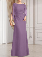 Vestido de gasa para madre de la novia con corte tubo/columna, escote redondo y largo hasta el suelo, con cuentas plisadas