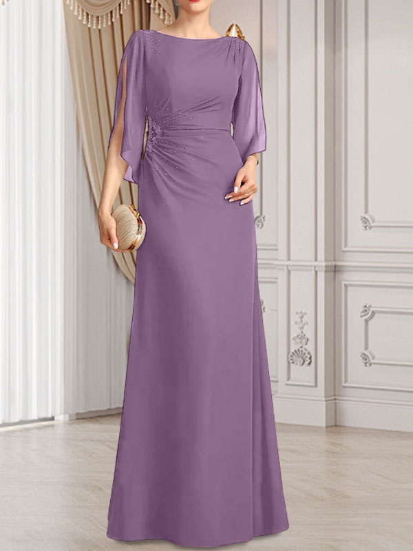 Vestido de gasa para madre de la novia con corte tubo/columna, escote redondo y largo hasta el suelo, con cuentas plisadas