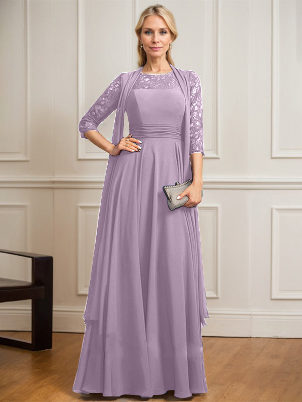 Vestido de gasa de encaje con ilusión de corte A hasta el suelo para madre de la novia con pliegues