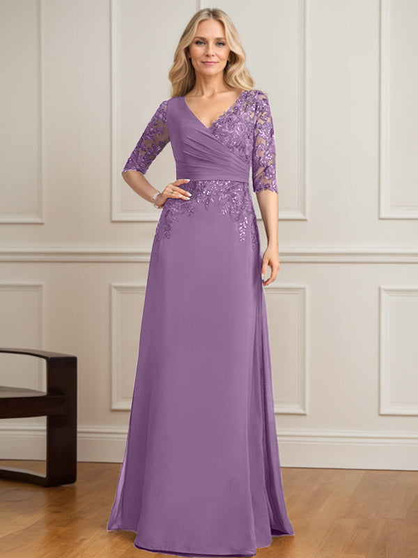 Vestido de madre de la novia de gasa con encaje, escote en V y lentejuelas plisadas hasta el suelo