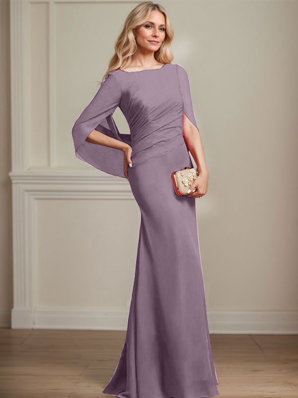 Vestido de madre de la novia de gasa con escote barco, corte trompeta/sirena, largo hasta el suelo, con pliegues