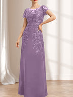 Vestido de madre de la novia de gasa con encaje, escote redondo, ilusión, largo hasta el suelo, con lentejuelas