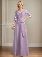 A-Linie V-Ausschnitt Bodenlanges Spitzen-Chiffon-Kleid für die Brautmutter mit kaskadierenden Rüschen und Pailletten 