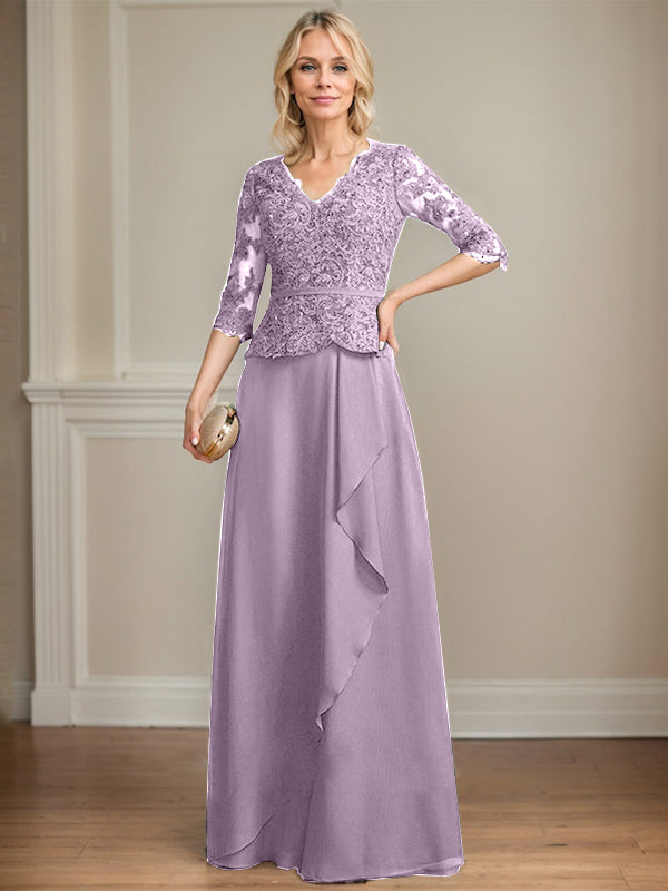 Vestido de madre de la novia de gasa con encaje, escote en V, largo hasta el suelo, con volantes en cascada y lentejuelas
