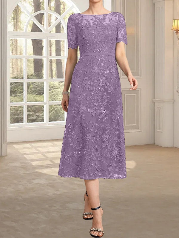Vestido de madre de la novia de encaje con lentejuelas, corte A, escote ilusión y largo hasta la rodilla