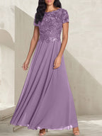 Vestido largo de madre de la novia con escote redondo, corte A, color gris carbón y cuentas
