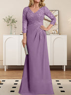 Vestido de madre de la novia de gasa con encaje, escote en V, ilusión, largo hasta el suelo, con lentejuelas plisadas