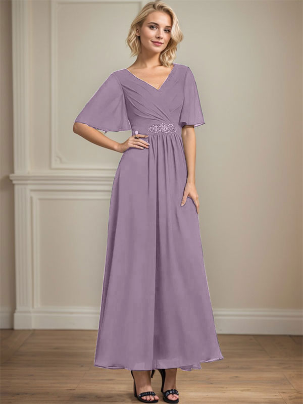 Vestido de gasa para madre de la novia con escote en V, largo hasta los tobillos, corte A y lentejuelas plisadas con cuentas