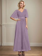 Vestido de gasa para madre de la novia con escote en V, largo hasta los tobillos, corte A y lentejuelas plisadas con cuentas