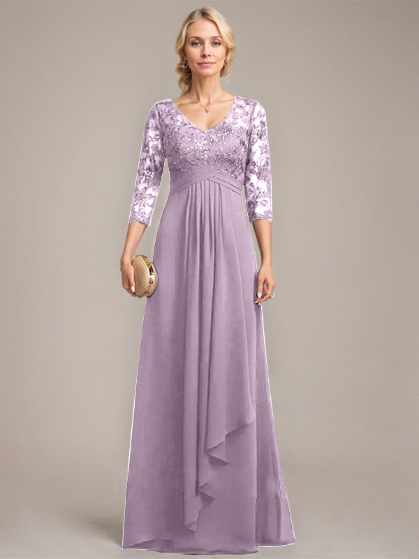 A-Linie V-Ausschnitt Bodenlanges Spitzen-Chiffon-Kleid für die Brautmutter mit kaskadierenden Rüschen und Pailletten 