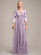 A-Linie V-Ausschnitt Bodenlanges Spitzen-Chiffon-Kleid für die Brautmutter mit kaskadierenden Rüschen und Pailletten 