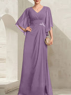 Vestido de gasa para madre de la novia, con escote en V, largo hasta el suelo, con lentejuelas plisadas y abalorios