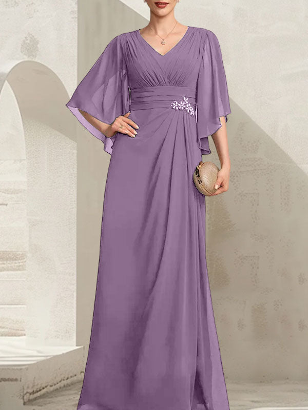 Etui-Linie/Säule V-Ausschnitt Bodenlang Chiffon Kleid für die Brautmutter mit Plissee Pailletten Perlenbesatz