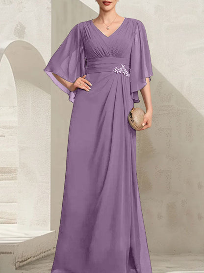 Etui-Linie/Säule V-Ausschnitt Bodenlang Chiffon Kleid für die Brautmutter mit Plissee Pailletten Perlenbesatz