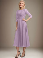 Vestido de gasa con encaje y lentejuelas para madre de la novia, corte A, escote redondo y largo hasta la rodilla