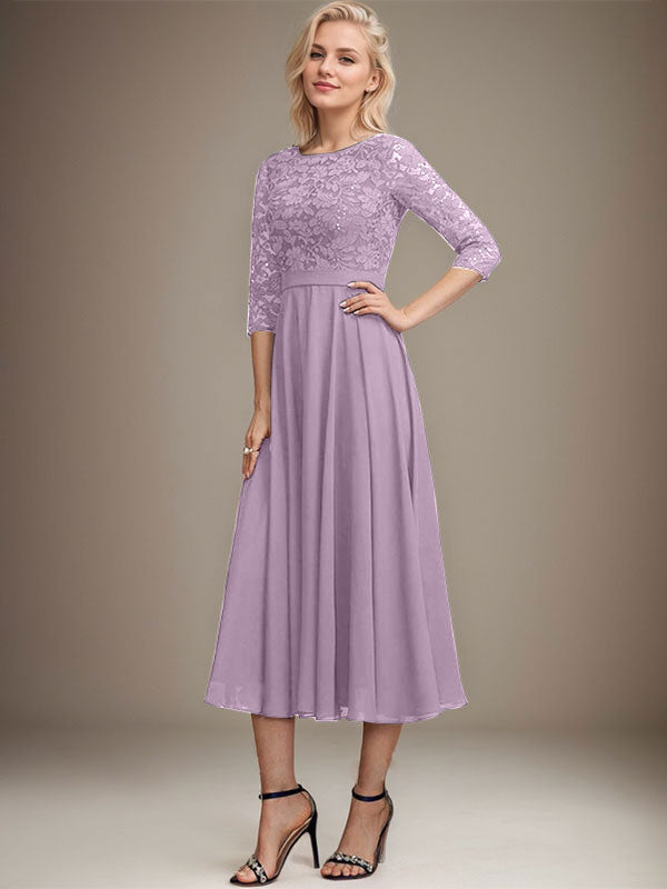 Vestido de gasa con encaje y lentejuelas para madre de la novia, corte A, escote redondo y largo hasta la rodilla