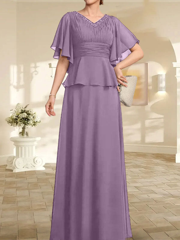 A-Linien-Kleid aus Chiffon mit V-Ausschnitt und bodenlangem Schnitt für die Brautmutter mit plissierten Perlen