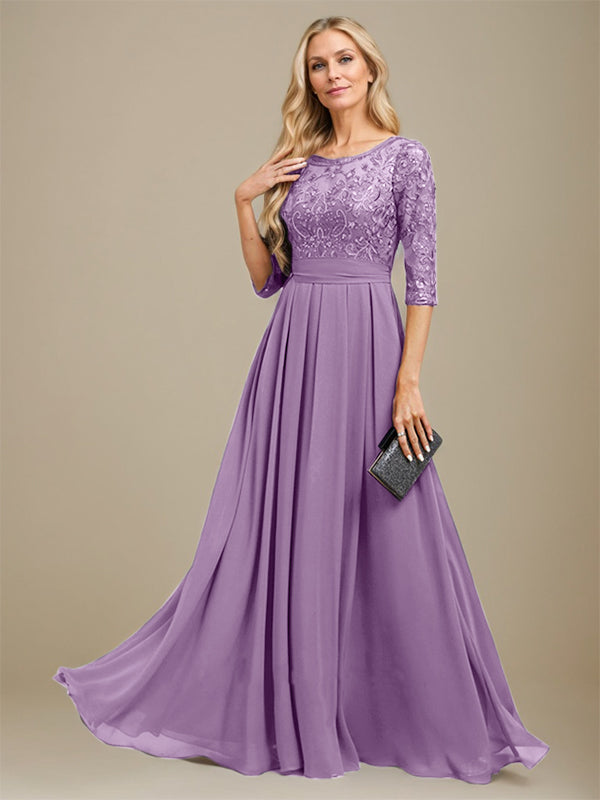 Vestido de madre de la novia de gasa con encaje, corte A, largo hasta el suelo y apliques de lentejuelas