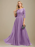 Vestido de madre de la novia de gasa con encaje, corte A, largo hasta el suelo y apliques de lentejuelas