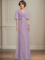 Vestido de gasa para madre de la novia, corte A, escote en V, largo hasta el suelo, con apliques de lentejuelas plisadas y encaje