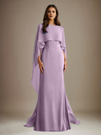 Vestido de gasa para madre de la novia, largo hasta el suelo, con escote barco y corte tubo/columna y volantes en cascada