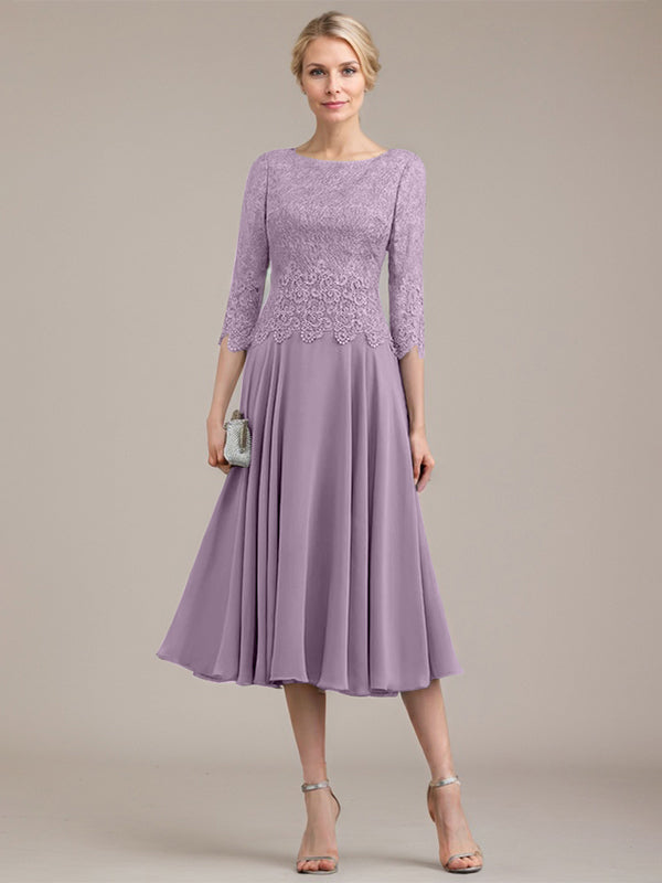 Vestido de gasa con encaje y escote redondo hasta la rodilla para madre de la novia