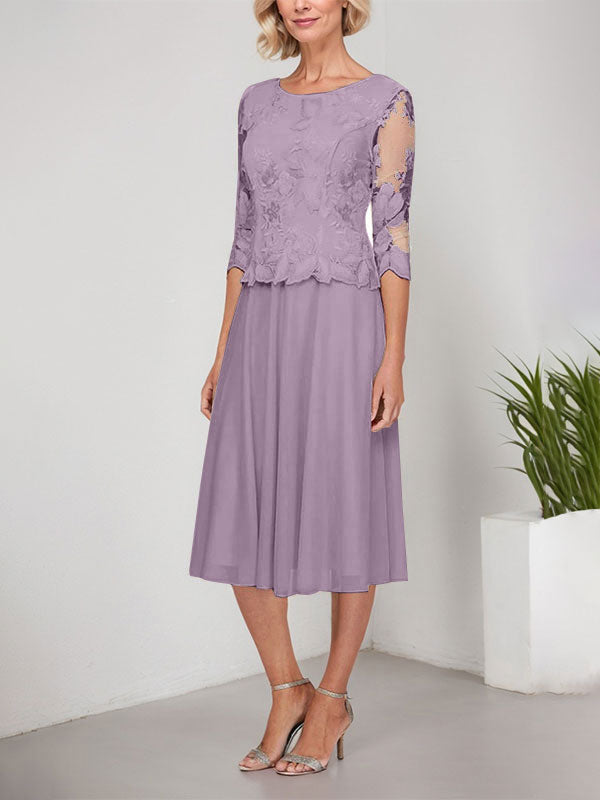 Vestido de gasa con encaje y bordado para madre de la novia, corte A, escote redondo y largo hasta la rodilla
