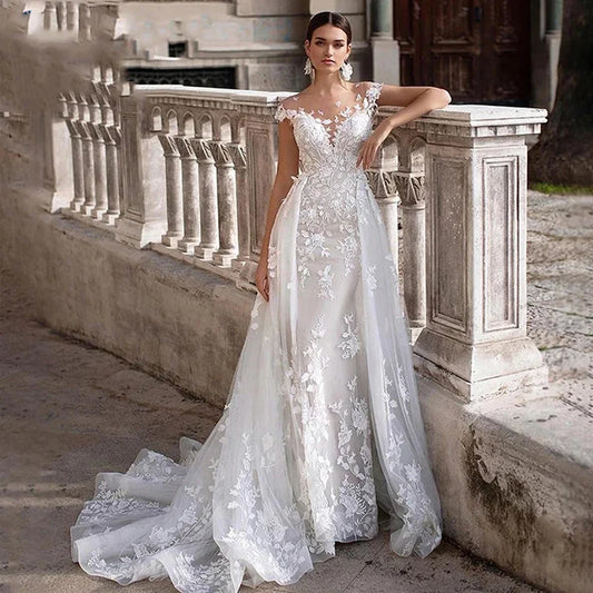 Mermaid 2 In 1 Wedding Dress Tulle Scoop Cap Sleeves Backless Lace Appliques Bridal Gowns With Detachable Train свадебное платье-payinti
