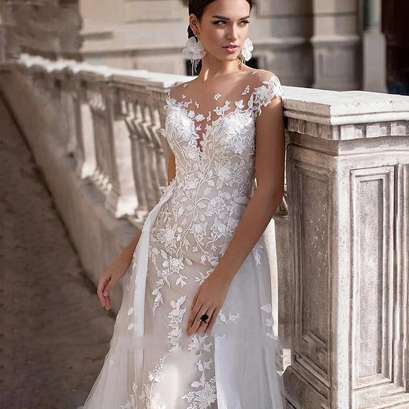 Mermaid 2 In 1 Wedding Dress Tulle Scoop Cap Sleeves Backless Lace Appliques Bridal Gowns With Detachable Train свадебное платье-payinti