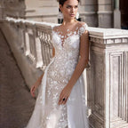Mermaid 2 In 1 Wedding Dress Tulle Scoop Cap Sleeves Backless Lace Appliques Bridal Gowns With Detachable Train свадебное платье-payinti