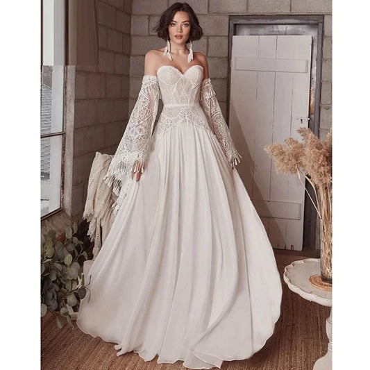Mermaid Bohemian Wedding Dresses Women's Lace Flare Sleeve Elegant Sweetheart Strapless Chiffon Bridal Gowns A-Line Robe Vestido-payinti