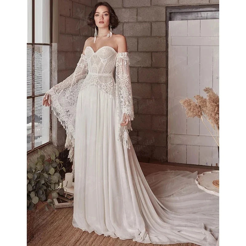 Mermaid Bohemian Wedding Dresses Women's Lace Flare Sleeve Elegant Sweetheart Strapless Chiffon Bridal Gowns A-Line Robe Vestido-payinti