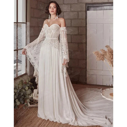 Mermaid Bohemian Wedding Dresses Women's Lace Flare Sleeve Elegant Sweetheart Strapless Chiffon Bridal Gowns A-Line Robe Vestido-payinti