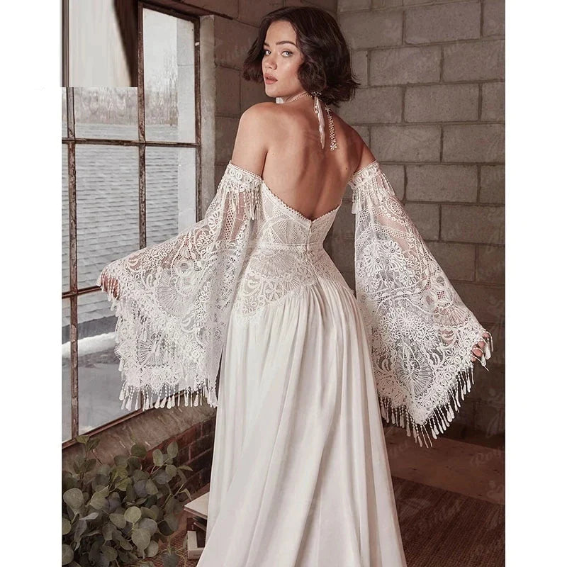 Mermaid Bohemian Wedding Dresses Women's Lace Flare Sleeve Elegant Sweetheart Strapless Chiffon Bridal Gowns A-Line Robe Vestido-payinti