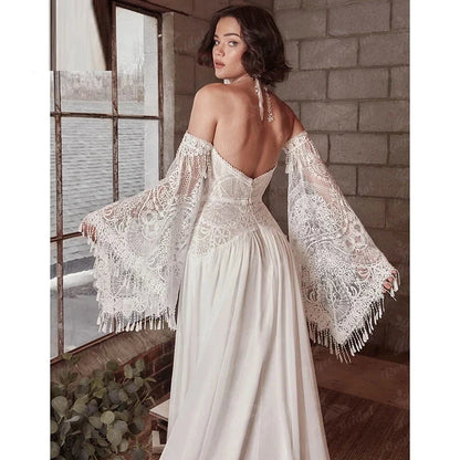 Mermaid Bohemian Wedding Dresses Women's Lace Flare Sleeve Elegant Sweetheart Strapless Chiffon Bridal Gowns A-Line Robe Vestido-payinti