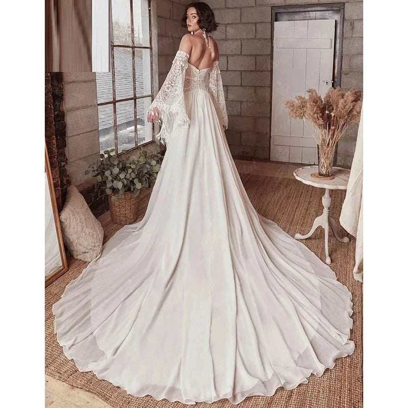 Mermaid Bohemian Wedding Dresses Women's Lace Flare Sleeve Elegant Sweetheart Strapless Chiffon Bridal Gowns A-Line Robe Vestido-payinti