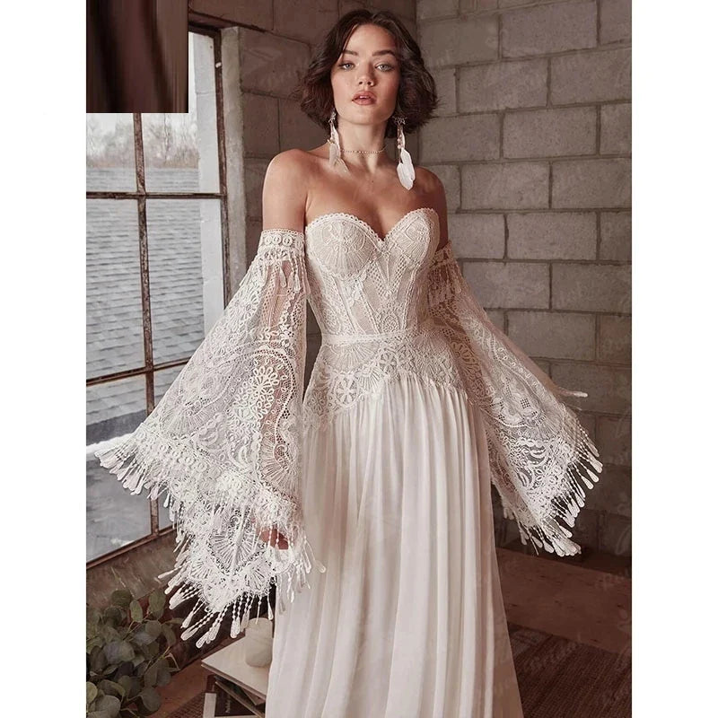 Mermaid Bohemian Wedding Dresses Women's Lace Flare Sleeve Elegant Sweetheart Strapless Chiffon Bridal Gowns A-Line Robe Vestido-payinti